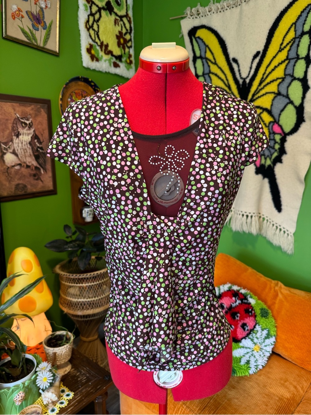 Polka Dot V-Neck Short Sleeve Top in Brown with Pink & Green Dots